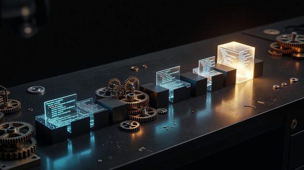 Conceptual gears and glowing code fragments assembling into a single structure above a dark developer workspace