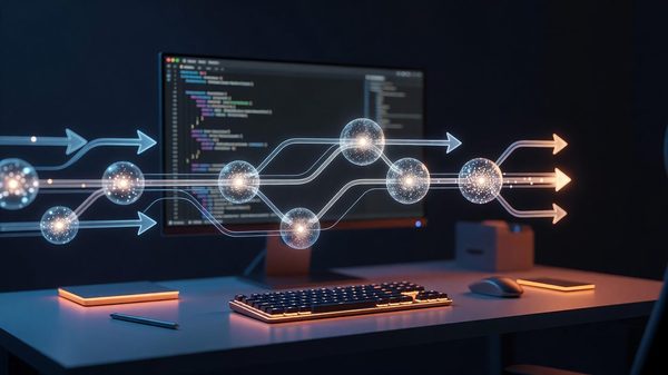 Abstract glowing pipeline of connected nodes flowing across a dark developer workspace desk