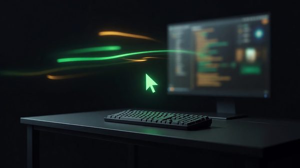 Close-up glowing terminal command-line interface with blurred colorful text streams on a dark desk