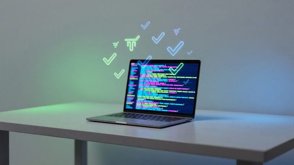 Abstract checkmarks and test icons floating above an open laptop with blurred colorful code